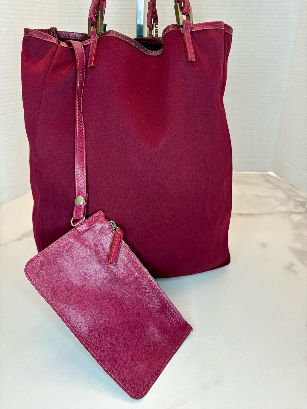 Fendi Nylon Mini Shopper Tote W/attached leather pouch